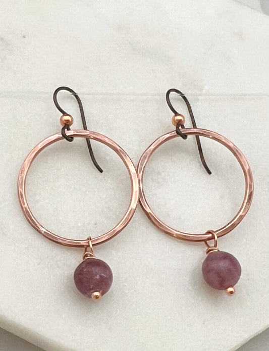 Copper hoops with lepidolite gemstones