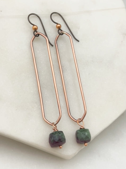 Copper oval hoops with ruby zosite  gemstones