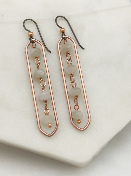 Copper oval hoops with moonstone chain gemstones