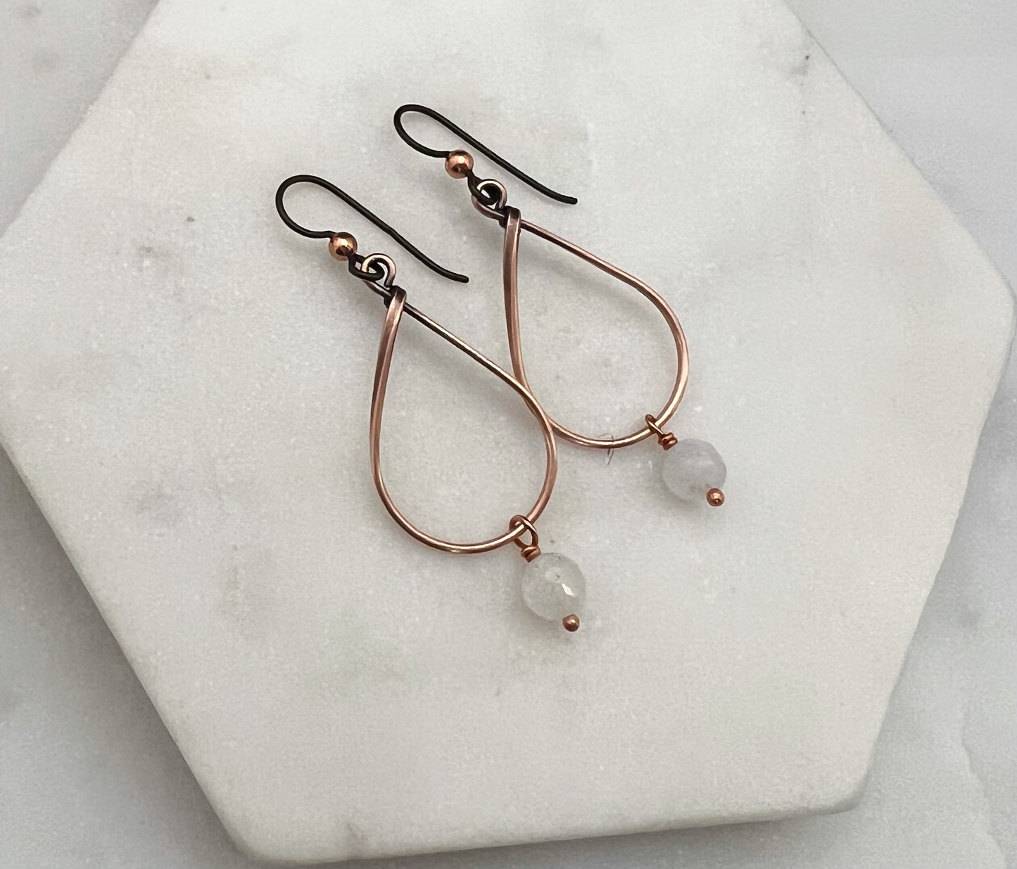 Copper teardrop hoop earrings with moonstone