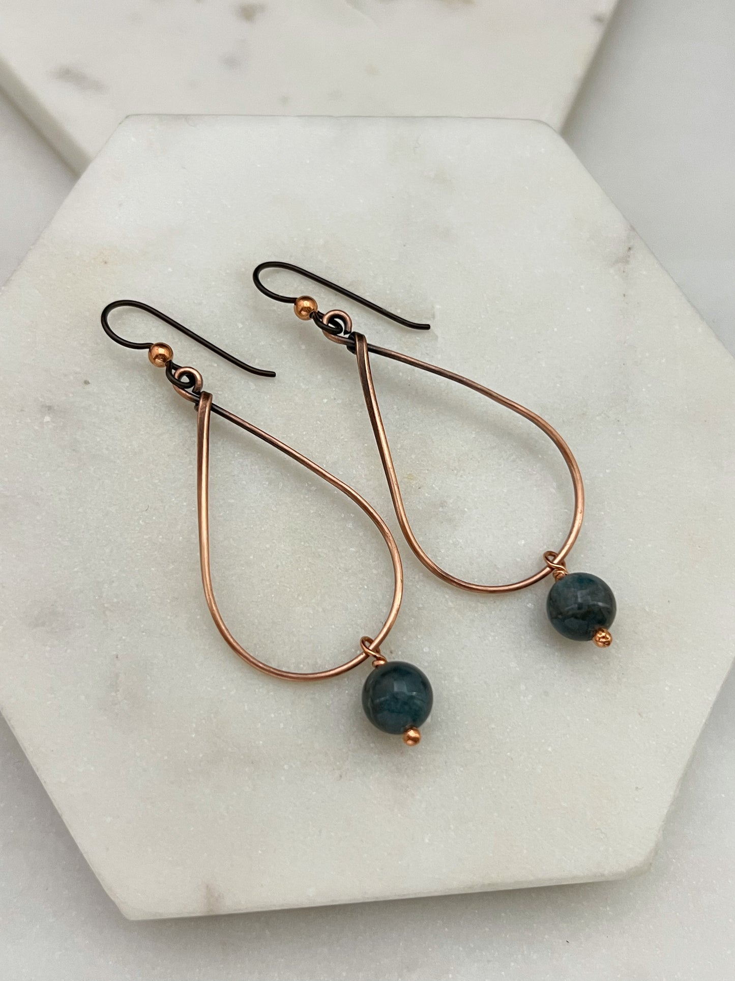 Copper teardrop hoop earrings with moss agate