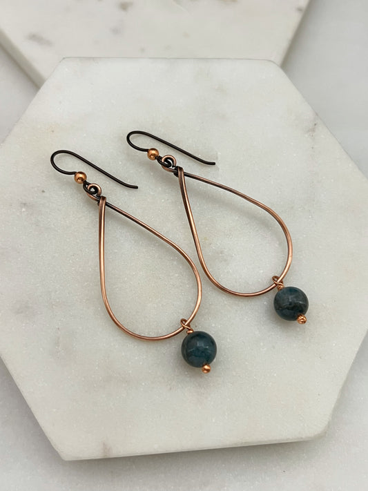 Copper teardrop hoop earrings with moss agate