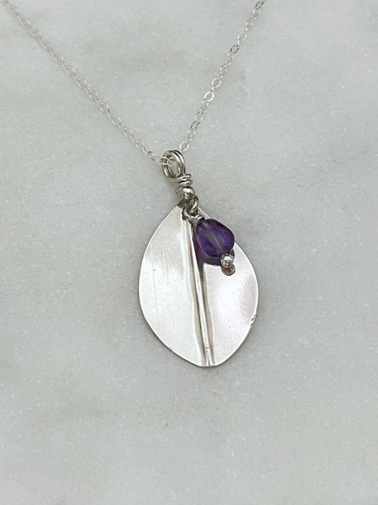 Forged sterling silver leaf necklace with amethyst gemstone