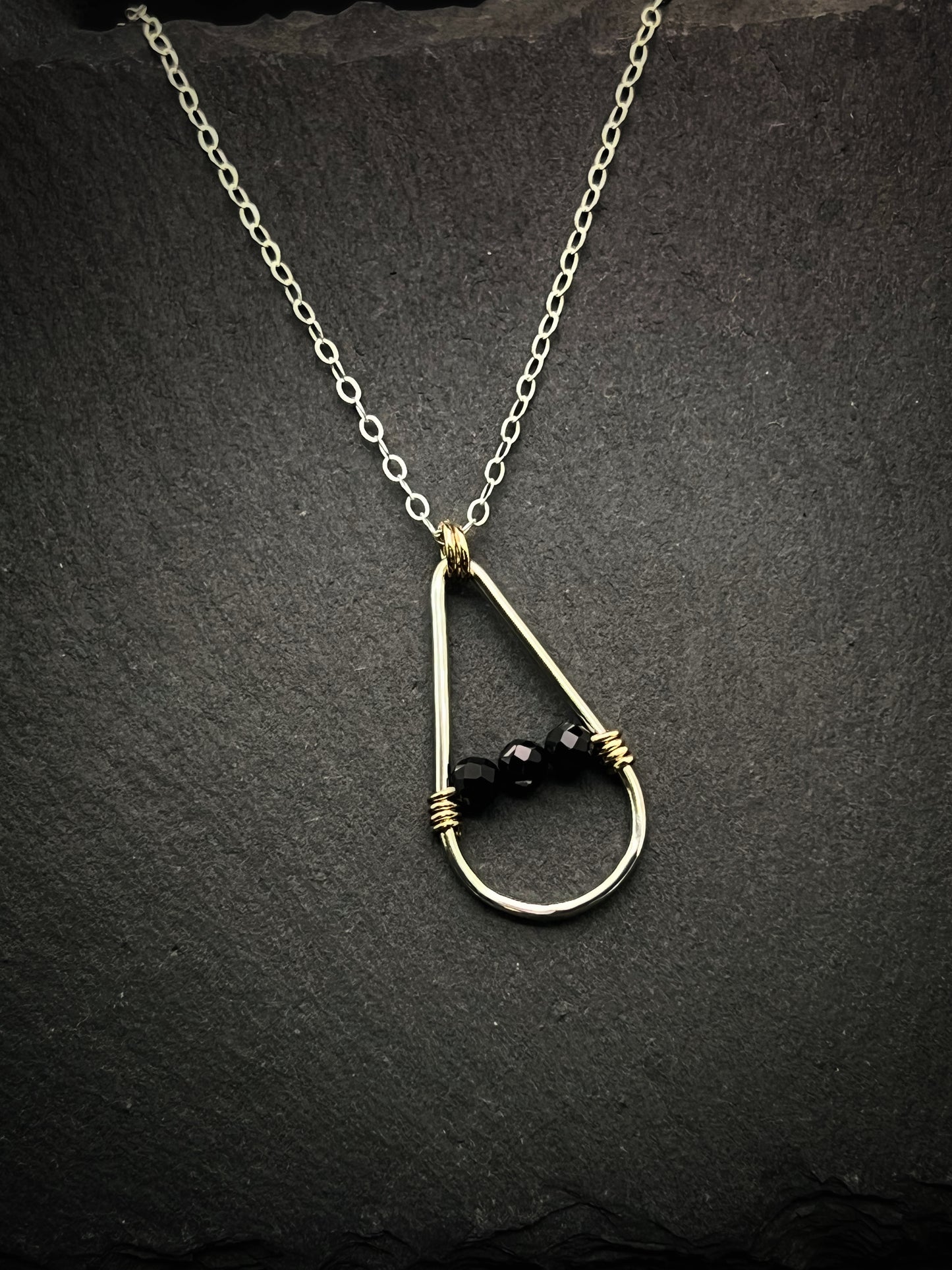 Handmade Sterling Silver Teardrop Necklace with 14k Gold and onyx