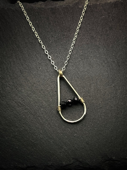 Handmade Sterling Silver Teardrop Necklace with 14k Gold and onyx