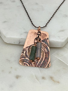 Acid etched copper necklace with moss agate gemstone