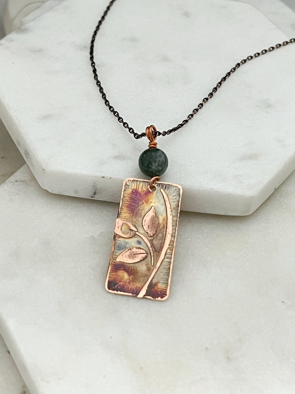 Acid etched copper leaf necklace with moss agate gemstone