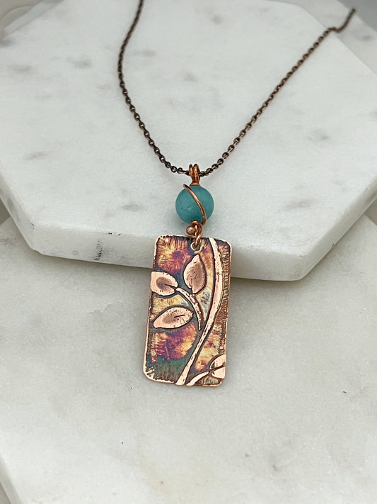 Acid etched copper leaf necklace with ammonite gemstone