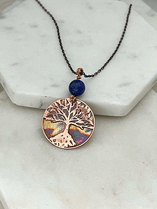 Acid etched copper tree necklace with lapis gemstone