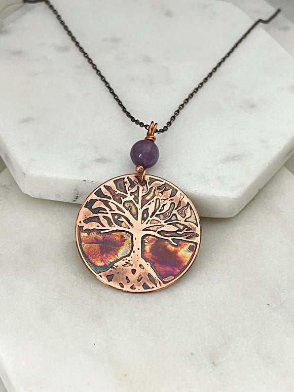Acid etched copper tree necklace with amethyst gemstone