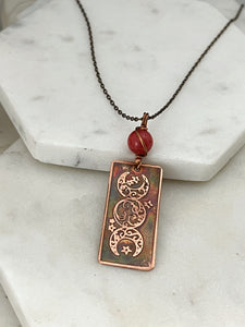 Acid etched copper and coral triple moon necklace