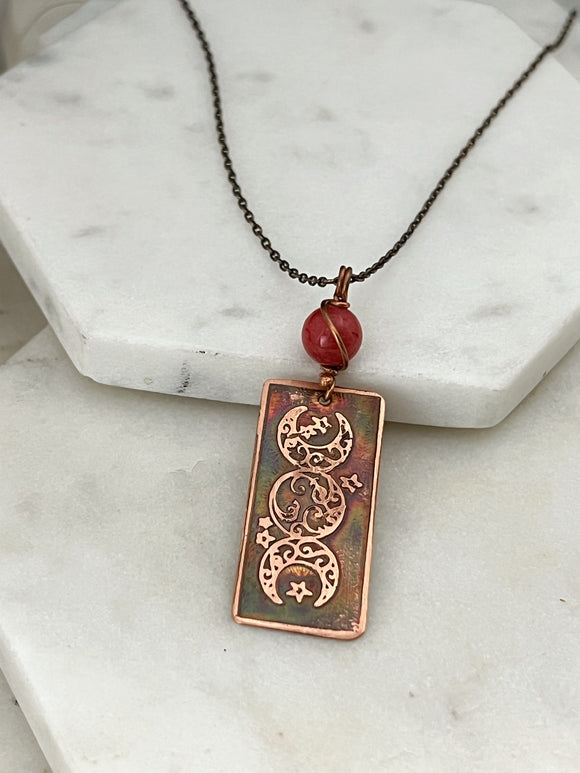 Acid etched copper and coral triple moon necklace