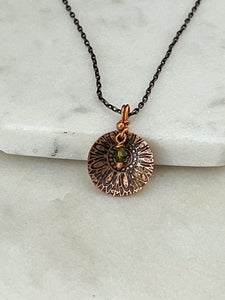Acid etched copper necklace with olivine gemstone