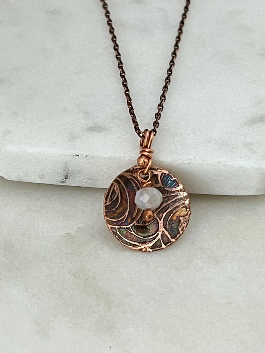 Acid etched copper necklace with moonstone gemstone
