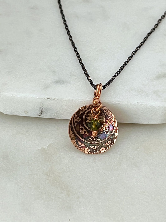 Acid etched copper necklace with olivine gemstone