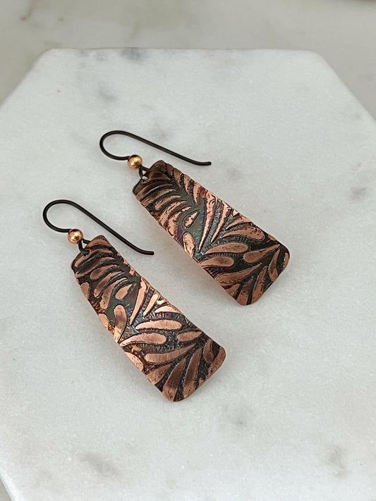 Acid etched copper irregular rectangle earrings