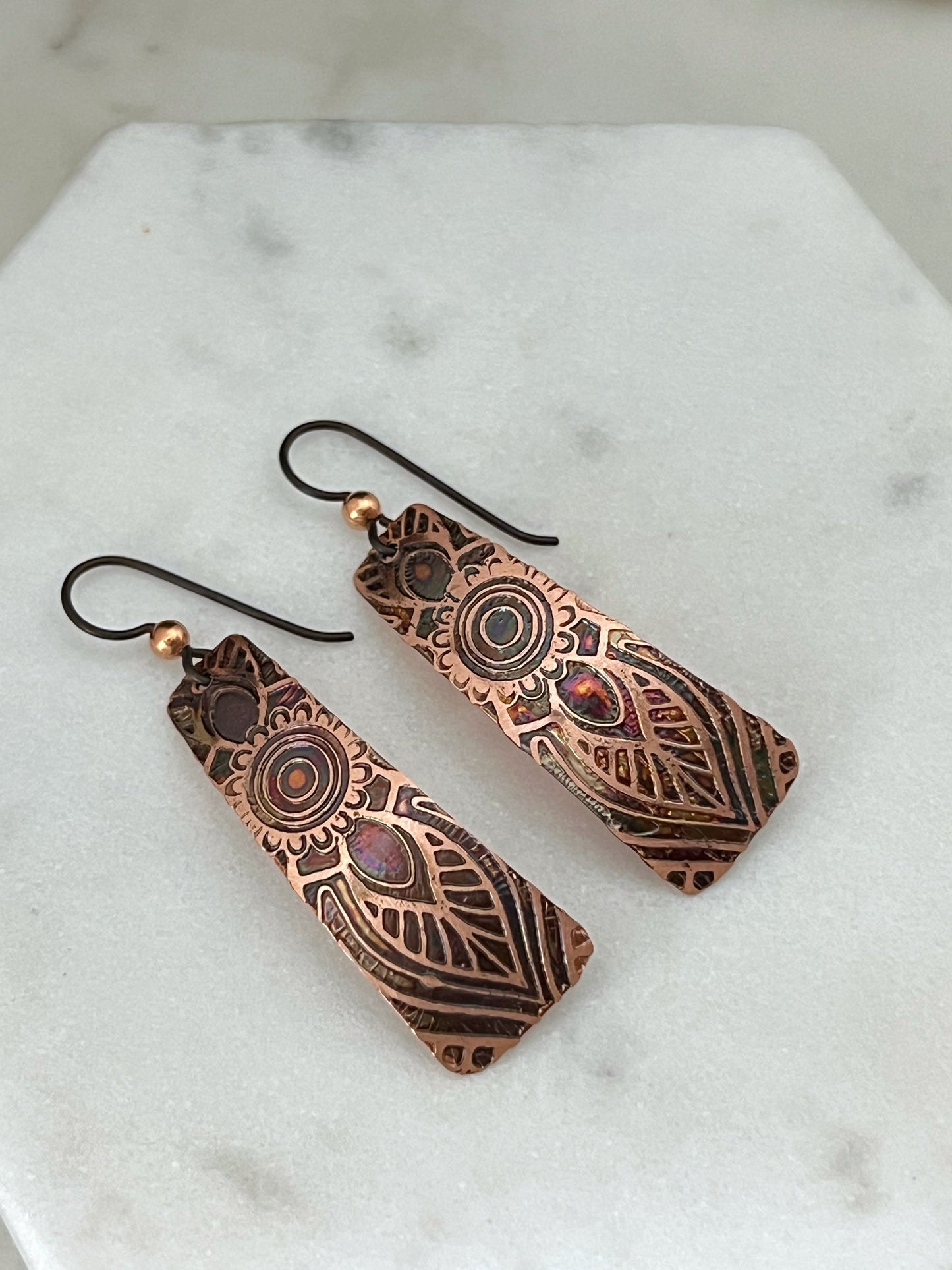 Acid etched copper irregular rectangle earrings