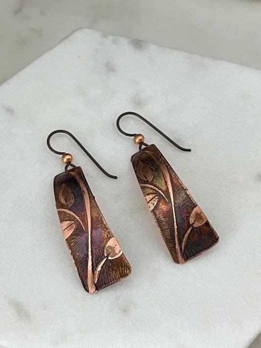 Acid etched copper irregular rectangle earrings