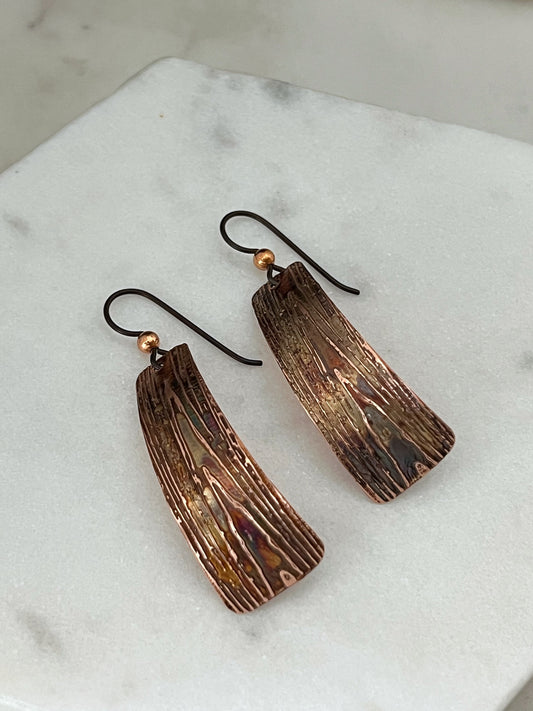 Acid etched copper irregular rectangle earrings