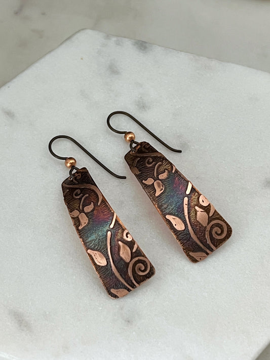 Acid etched copper irregular rectangle earrings