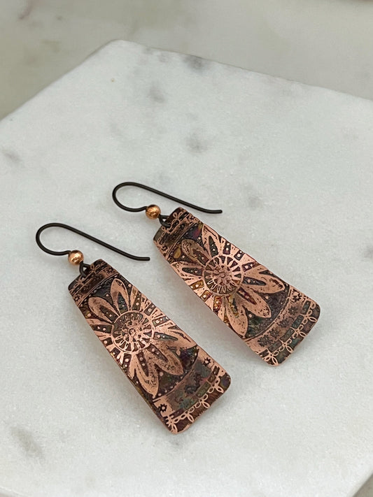 Acid etched copper irregular rectangle earrings