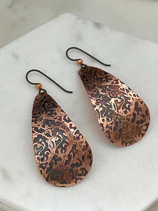 Large acid etched copper teardrop earrings
