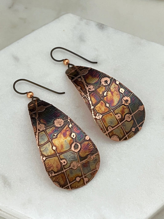 Large acid etched copper teardrop earrings