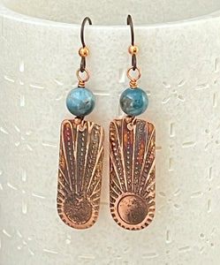 Acid etched copper earrings with apatite gemstones