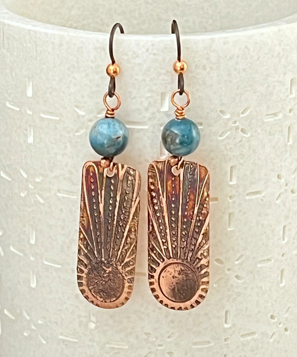 Acid etched copper earrings with apatite gemstones