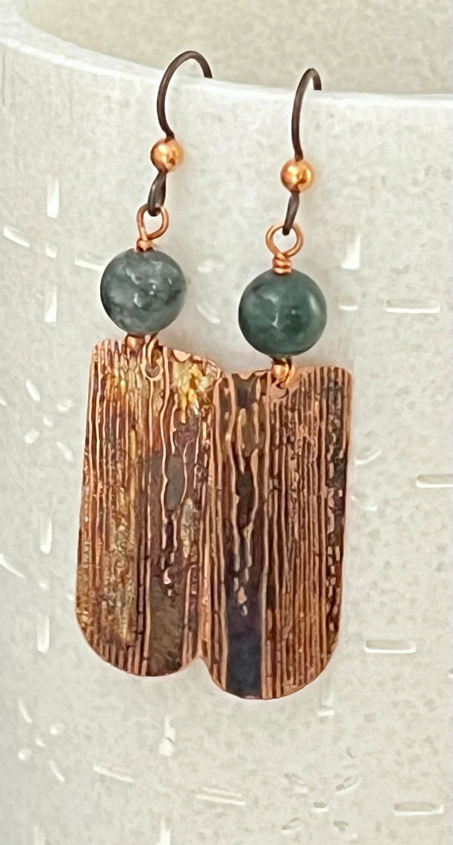 Acid etched copper earrings with moss agate gemstones