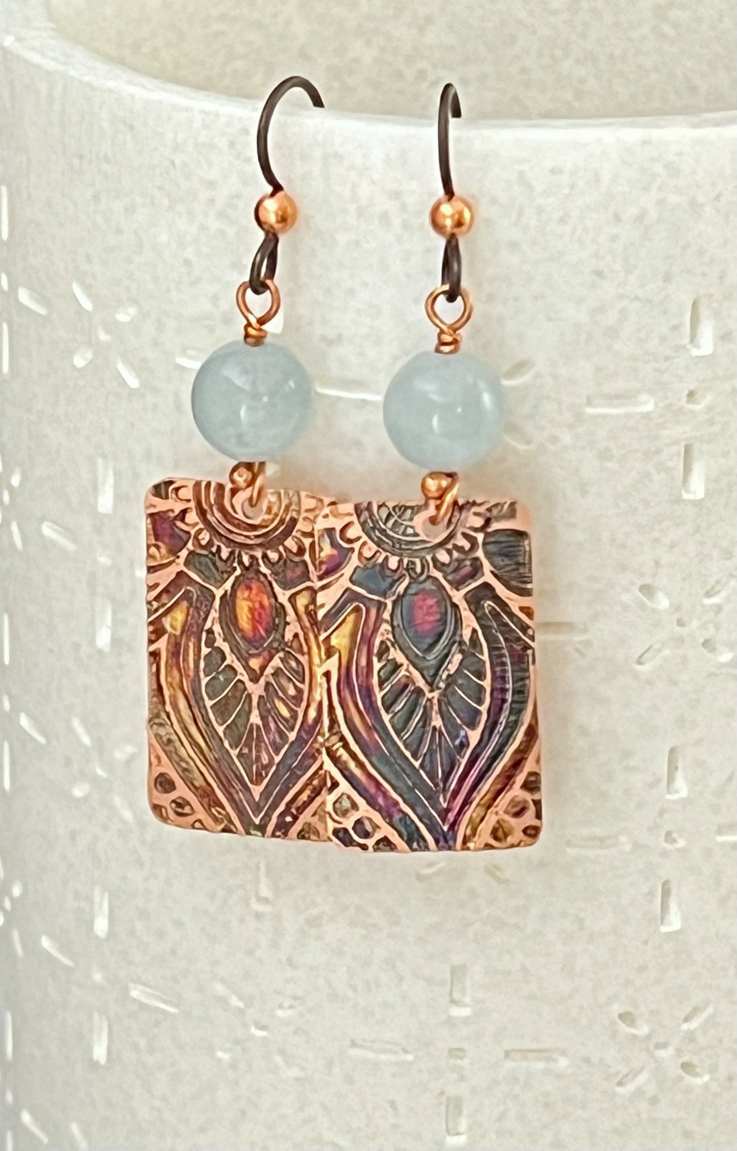 Acid etched copper earrings with aquamarine gemstones