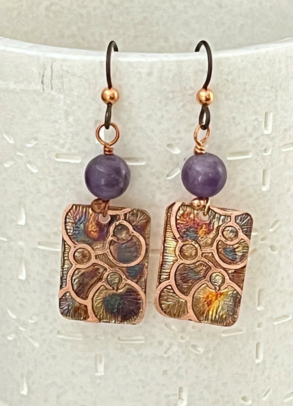 Acid etched copper earrings with amethyst gemstones