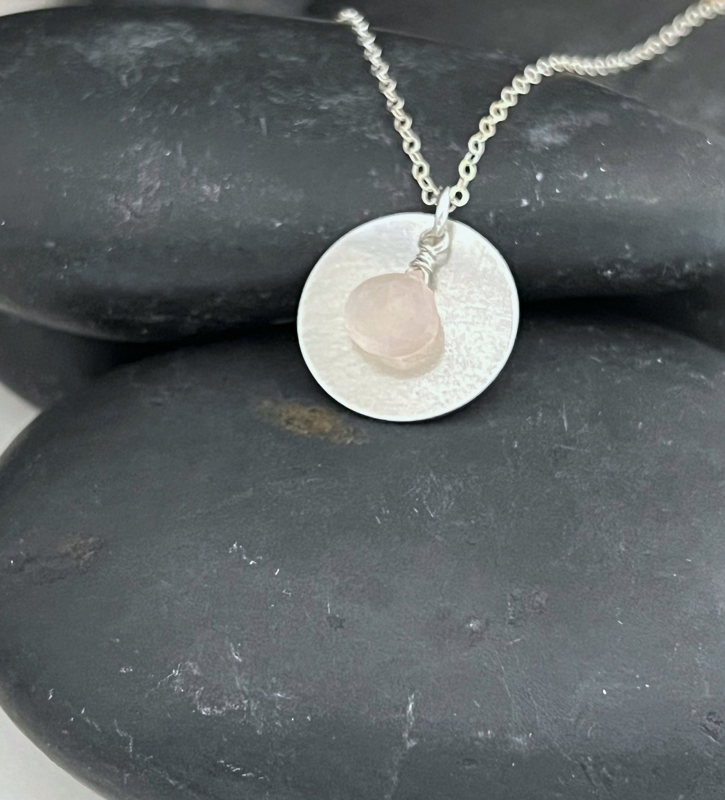 Forged sterling silver moon necklace with rose quartz