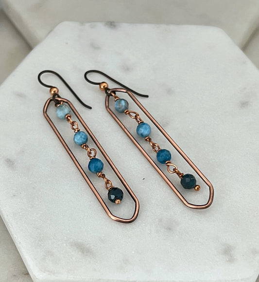 Copper oval hoops with apatite gemstones