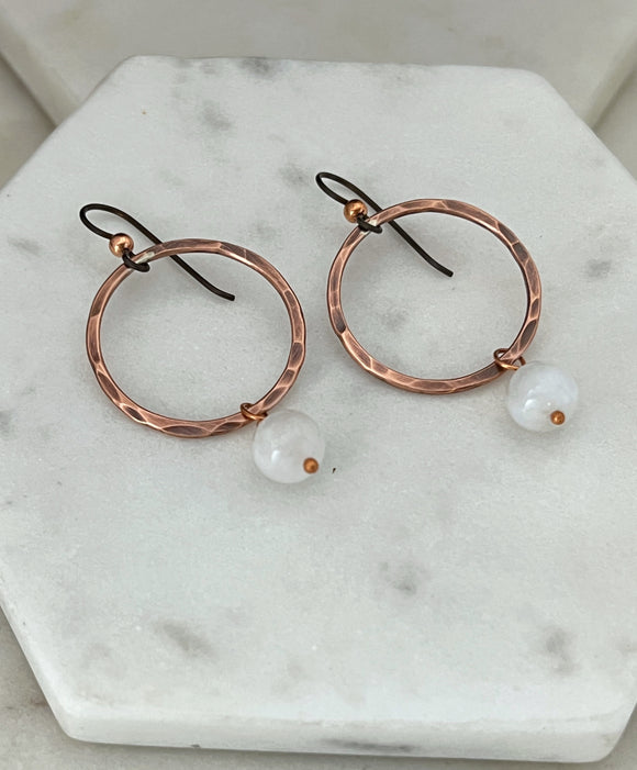 Copper hoop earrings with moonstone gemstone