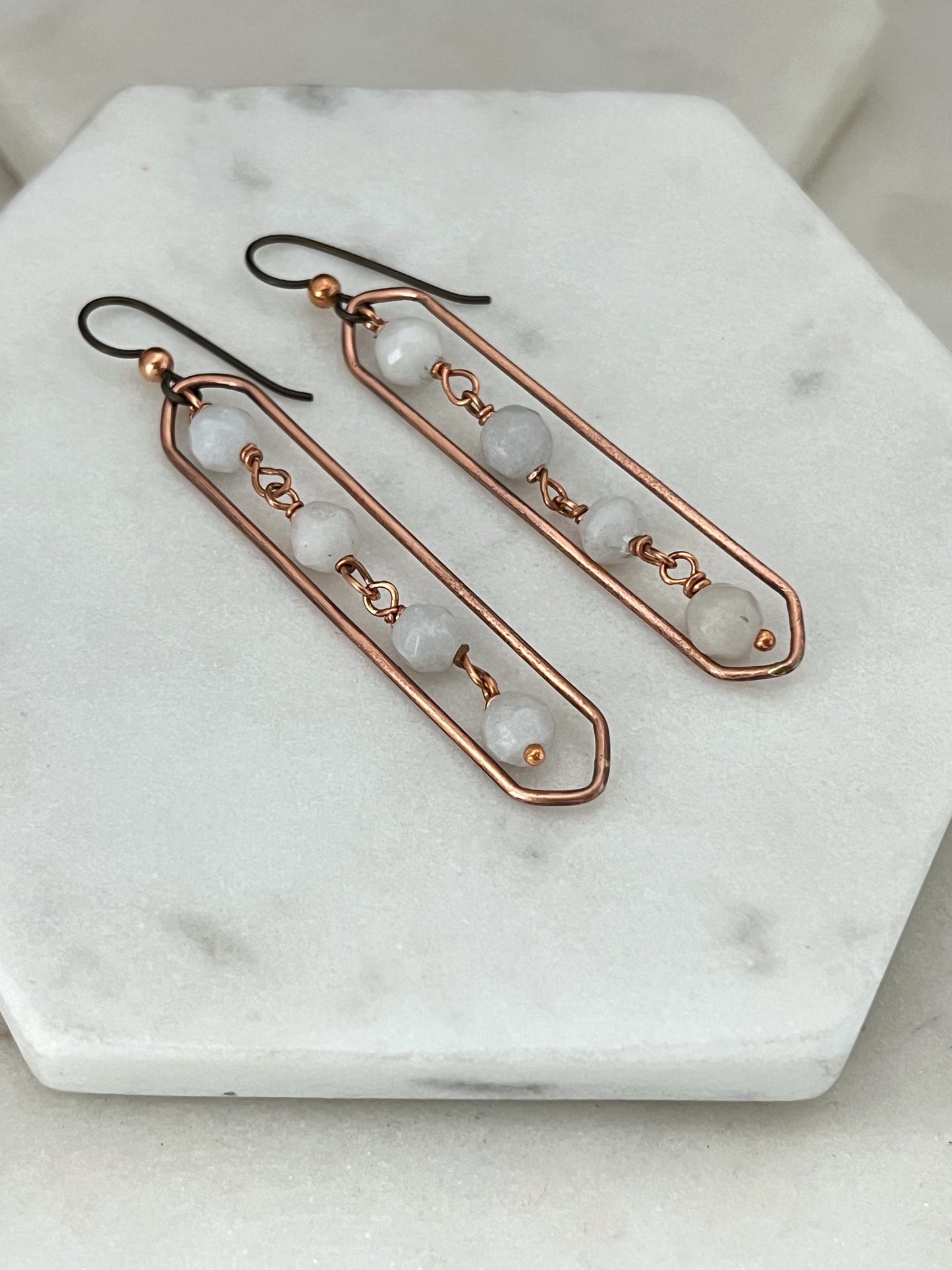 Copper oval hoops with mountain jade gemstones