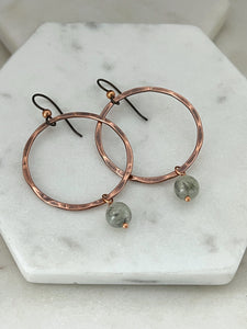 Copper hoop earrings with prehnite gemstone