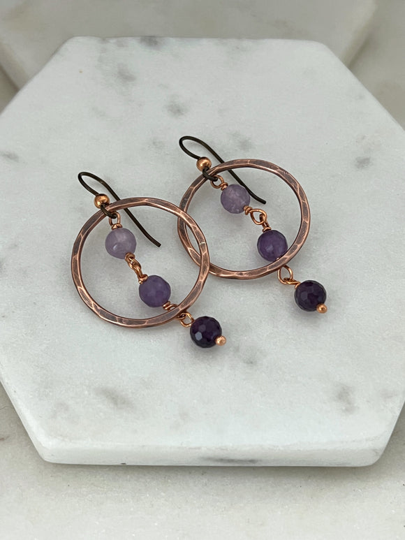 Copper hoop earrings with amethyst gemstone