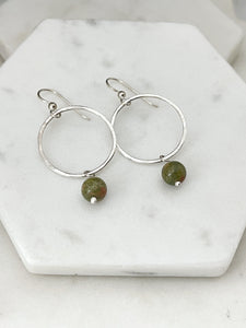 Sterling silver hoops with unakite