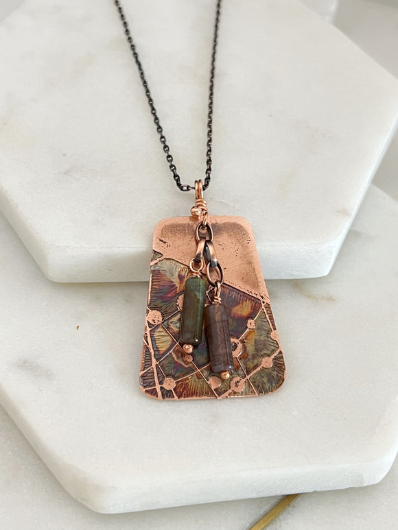 Acid etched copper necklace with bloodstone gemstone