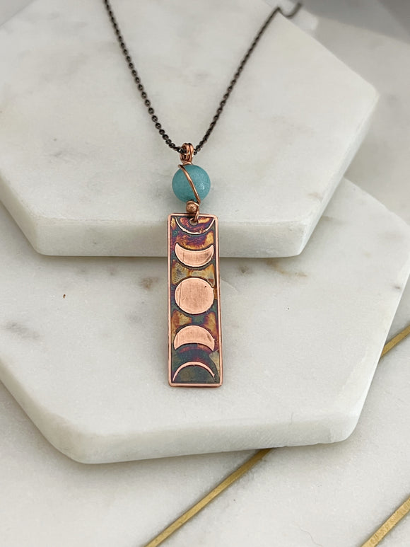 Moon phase acid etched copper necklace with amazonite gemstone