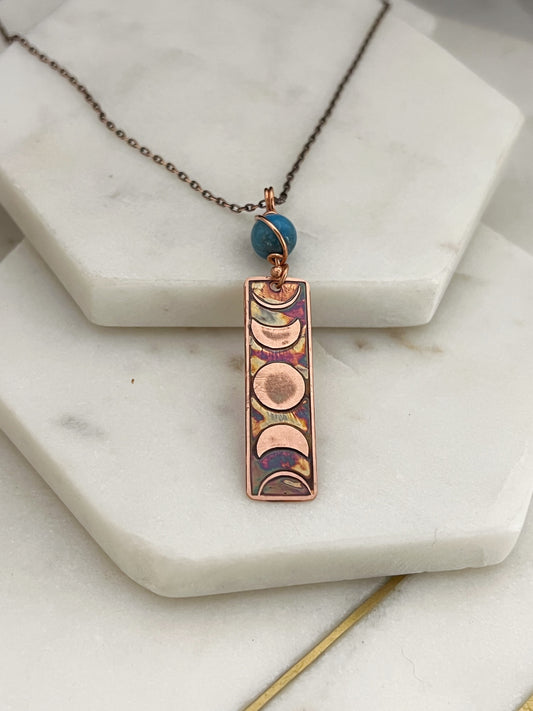 Moon phase acid etched copper necklace with apatite gemstone