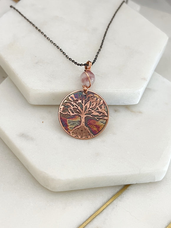 Acid etched copper tree necklace with lepidolite gemstone