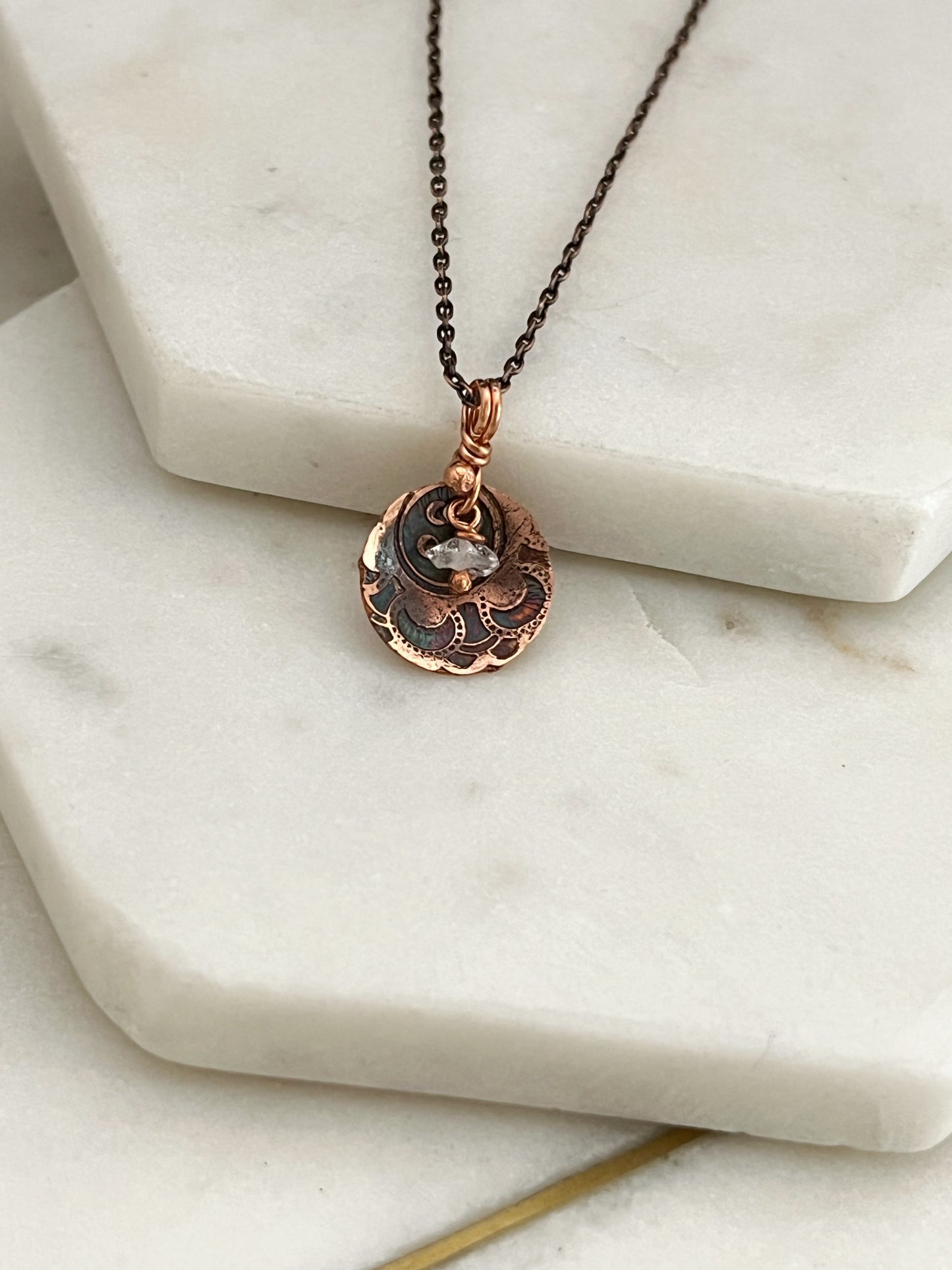 Acid etched copper necklace with herkimer diamond gemstone