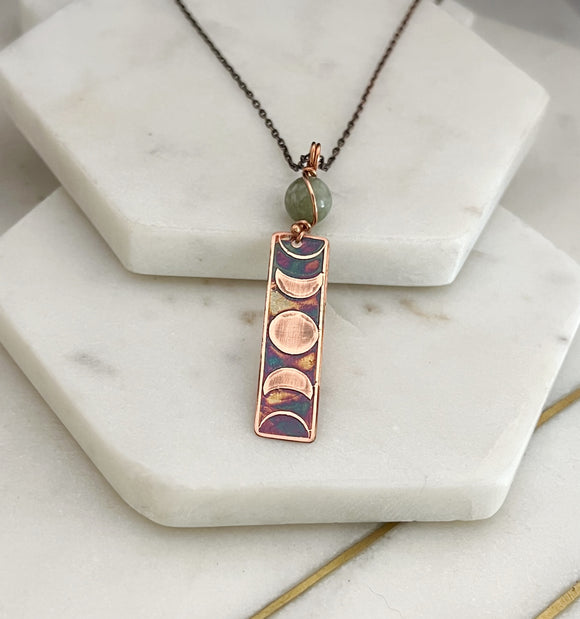 Moon phase acid etched copper necklace with jade gemstone