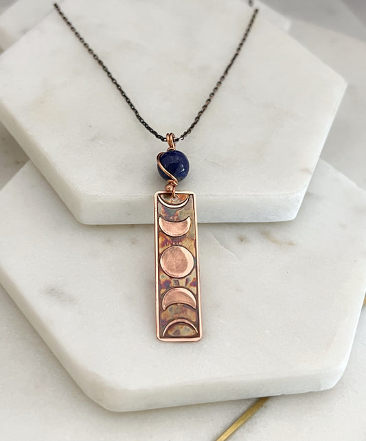 Moon phase acid etched copper necklace with lapis gemstone