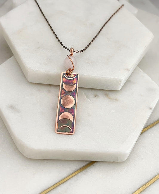 Moon phase acid etched copper necklace with rose quartz gemstone