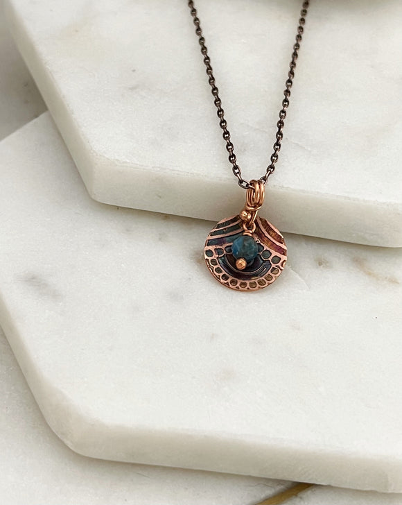 Acid etched copper necklace with apatite gemstone