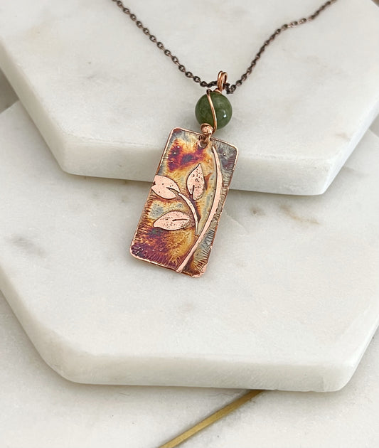 Acid etched copper leaf necklace with jade gemstone