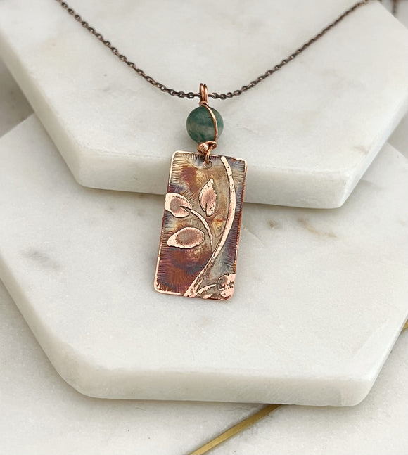 Acid etched copper leaf necklace with amazonite gemstone